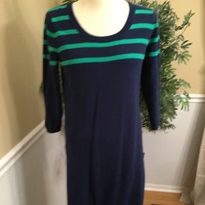 Sweater dress. Green stripes on navy.
